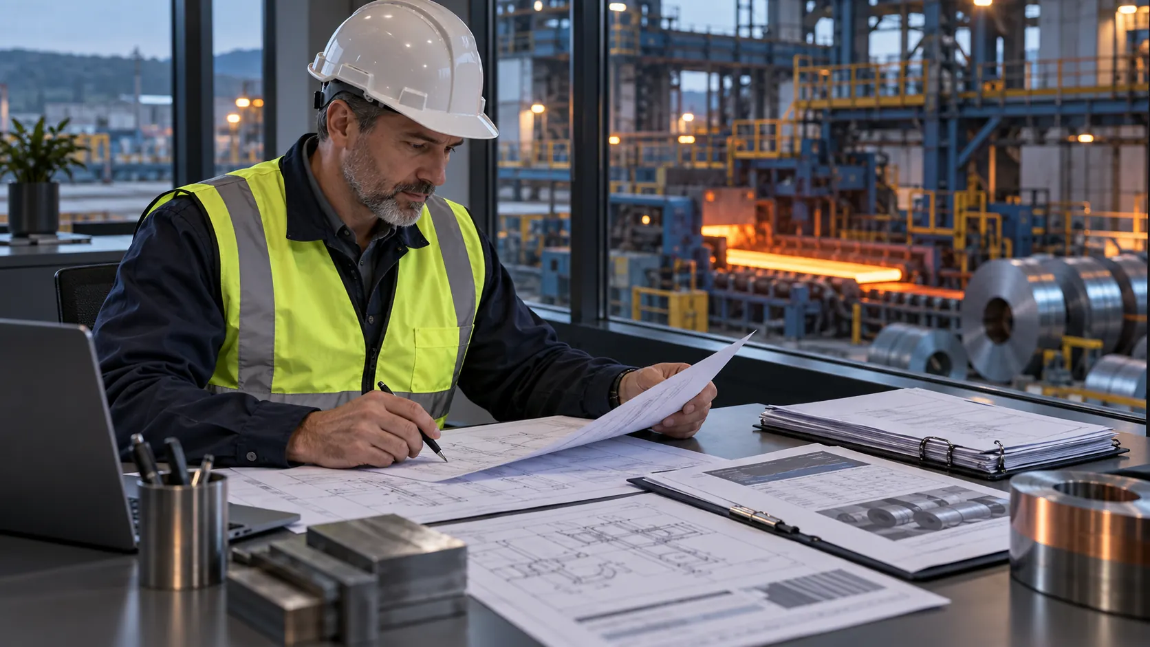 Ilustración conceptual de un ingeniero revisando documentación técnica